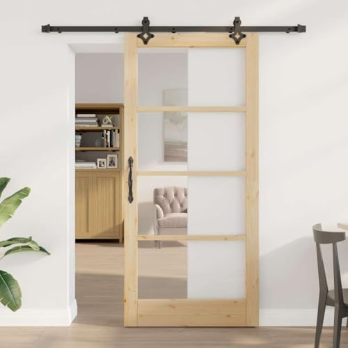 LoogCape ORKDAL - Porta scorrevole in vetro di pino massiccio, colore nero naturale, 93 x 202 cm, meccanismo scorrevole per interni, scorrevole silenziosa, design salvaspazio