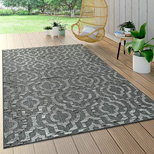 Paco Home Outdoor Teppich Wetterfest Wohnzimmer Balkon Küche Orientalisch Ornament Skandinavisch Geometrisches Muster 3D Effekt Modern, Grösse:80x150 cm, Farbe:Grau 3