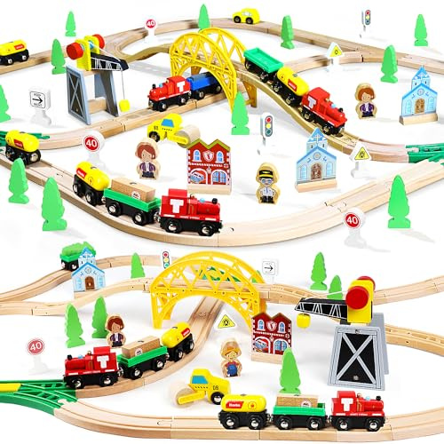 TOY Life Wooden Train Set with Crane, 60-Pc Track, Boys 3-8