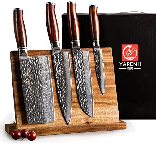 YARENH Damastmesser Set 5 er, Scharfe Messer aus 73 Lagen Damaststahl Klinge und Holzgriff, Messer Set mit Messerblock aus Holz und Hackmesser - chinesisches kochmesser HTT-Serie