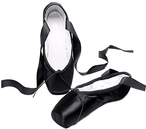 BININBOX Ballett Spitzenschuhe für Anfänger Satin Professionelle Tanzschuhe Ballerinas mit Aufgenähten Bändern für Damen Mädchen(38 EU,Schwarz)