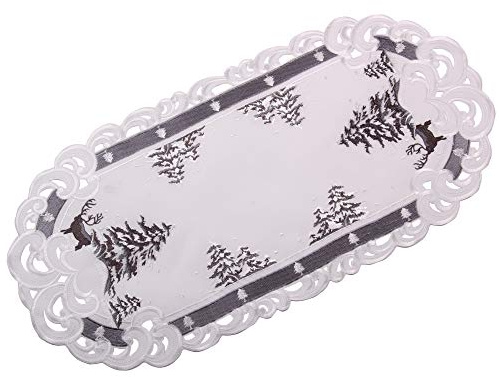 Quinnyshop Weihnachtsläufer - Bestickt mit Hirsch und Tanne Motiv Leinenoptik Polyester Grau-Weiß ca. 30 x 70 cm Oval