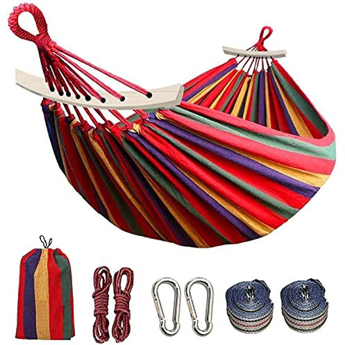 Colel Double Hammock, 2 Person Cotton Canvas Hammock 450lbs Portable Camping Hammock with Carrying Bag Two Anti Roll Balance Beam Metal Carabiner Ropes and Tree Straps for Travel Patio Garden (Red)