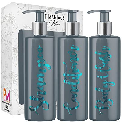 Print Maniacs 3 Set Mrs Hinch Inspired Grey Personalised 500ml Dispenser Pump Bottles Shampoo Conditioner Body Wash (Teal)