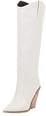 PAIDAXING Stivali alti al ginocchio da donna in finta pelle con tacco alto a cuneo largo polpaccio elasticizzato da motociclista, alla moda, casual, bianco, 38.5 EU