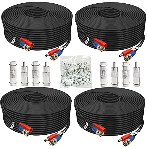 BNC-Kabel, 45,7 m, 4 Stück, Aimyzii BNC-Video-Stromkabel, Sicherheitskamera-Kabel für Überwachungskamera, DVR-Sicherheitssysteme (inklusive 8 x BNC-Adapter, 100 Kabel-Clips), Schwarz