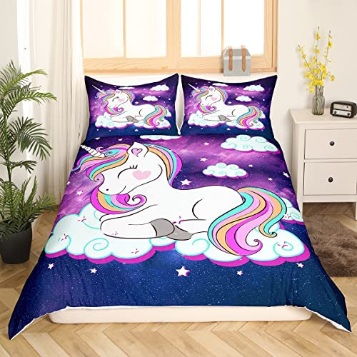Loussiesd Kinder Einhorn Bettwäsche 135x200 cm Galaxy Magical Tierdekor Bettwäsche-Set für Mädchen Jungen Teens Regenbogen-Verträumtes Pferd Bettbezug Lila Blau Bettwäsche 2 Stück Reißverschluss