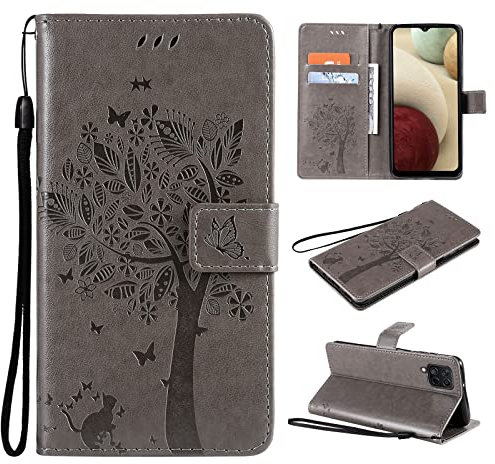 VEEMOS Handyhülle für Samsung Galaxy A12 / M12 / A12 Nacho 2021 Hülle Klappbar Katze-Baum mit Kartenfach Klapphülle Schutzhülle Handy Tasche Leder Book Flip Case Cover Handytasche Damen -