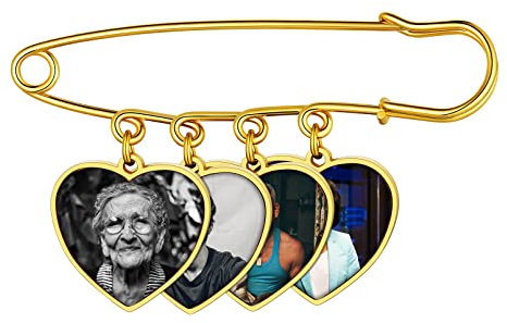 Custom4U Personalisierte Damen Herren Brosche Gold mit 4x Fotoanhänger mit Bild Edelstahl Memorial Anhänger Brautstrauß Anstecknadel Hochzeit Herz Ansteckblume Bräutigam