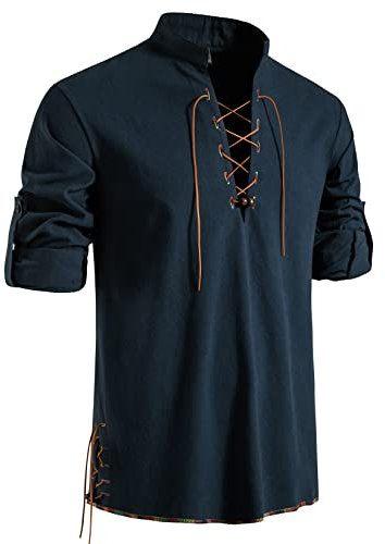 LucMatton Herren Retro Schnürung Mittelalter Kostüm Hemden für Halloween Cosplay Wikinger Pirat Steampunk Vampir Renaissance Gothic Viktorianische Kleidung Marine Groß
