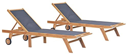 INLIFE Klappbare Sonnenliegen mit Rollen 2 STK. Teak Massiv Textilene