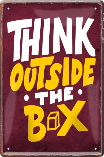 Blechschild ''Think outside the box'' 20x30cm Geschenk Lustige Sprüche Feier Vintage Retro Geburtstag Deko Party Überraschung Fan Weisheiten Leben Sprichwörter Tipp