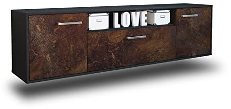 Lqliving TV-Board Lowboard Ariana, Wandmontiert, Korpus in anthrazit matt, Front im antik rostigen Industrie-Design (180x49x35cm), mit Metall Griffen, Made in Germany