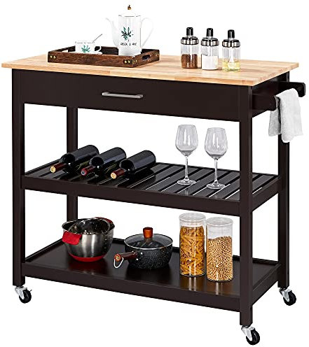 Yaheetech Plan de Travail Desserte sur roulettes Meuble de Cuisine 101 x 51 x 92 cm 2 Roues avec Frein 1 Tiroir 2 Étagères Espresso