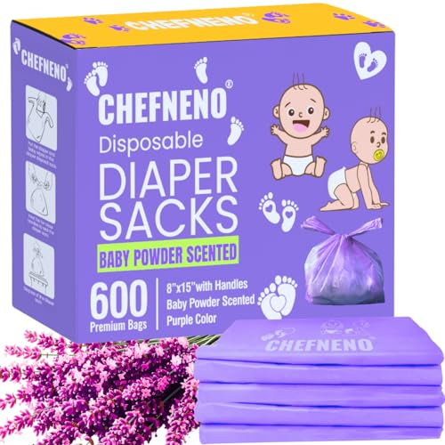 Baby Diaper Disposal Sacks (600 Count), Baby Powder Scented Easy-Tie Diaper Bags, Multipurpose Disposal Bags for Diapers, Dog Waste, Cat Litter & Sanitary Products (Purple)