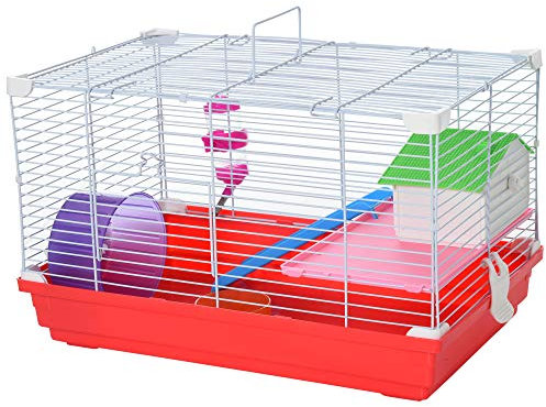 PawHut Jaula para Hámster Casita para Hámster 47x30x27 cm con Piso Comedero Bebedero Rampa Rueda de Ejercicio para Animales Pequeños Blanco y Rojo