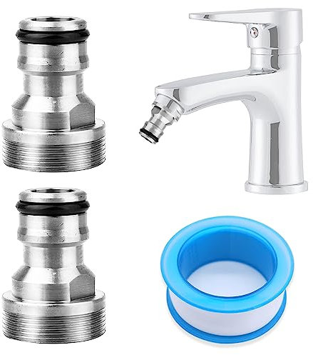 Bahan alamy 2 Stück Universal Wasserhahnanschluss für Mischbatterie + PTFE Dichtband 5M, Schlauchadapter Wasserhahn Adapter Schlauchkupplung Schnellkupplung Gartenschlauch Anschluss (Silber)