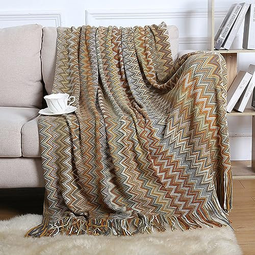 Menkala Kuscheldecke Boho Style Decke mit Fransen Strickdecke Tagesdecke Sofadecke Boho Weich Streifen Wohndecke Couchdecke für Sofa Betten Büro Reisen Wohnzimmer Schlafzimmer Khaki 130x150 cm