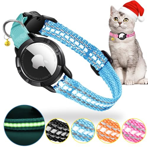 AirTag Cat Collar - Luminous & Reflective Cat Collar,Breakaway Cat Collars Pet Tracker for Cats,Cat Collar with Bell & Waterproof AirTag Holder for Kittens and Puppies(Blue XS)