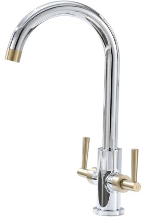 Bokaiya Kitchen Taps Mixer,Monobloc Dual Lever Chrome Brass,Kitchen Sink Tap Mixer 360° Swivel Spout Twin Lever,Brushed and Gold Kitchen Mixer Taps 1 Hole, Hot and Cold Double Handles Kitchen Faucet