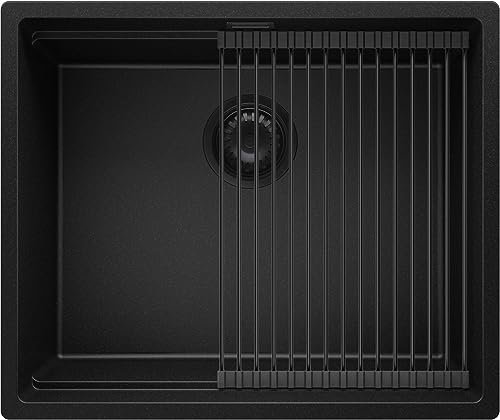 PRIMAGRAN Fregadero Cocina Todo Negro 56x47cm, Granito 1 Seno + Sifón + Enrollable Escurridor, Sobre encimera al mueble 60cm - Prague Slim