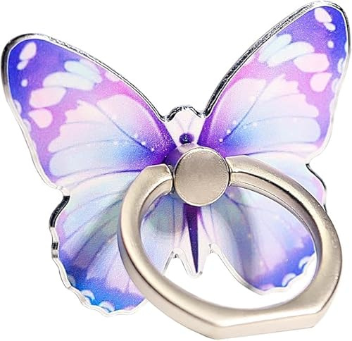 Handy-Ringständer mit Schmetterlings-Motiv, bemaltes Metall, Fingerständer, 360° drehbar, Handy-Ringhalter, Handgriff mit Knaufschlaufe (Blau)