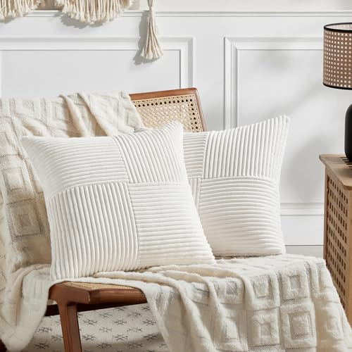 FDTERN 2er Set Creme Weiß Kordsamt Kissenbezug 50x50 Weich Dekorative Kissenbezüge Kissenhülle Dekokissenbezug Sofakissen Dekokissen Boho Deko für Sofa Schlafzimmer Wohnzimmer
