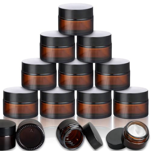 Fanchu Lot de 10 pots à crème vides en verre ambré - 30 ml - Avec couvercle et doublure - Pour cosmétiques, crèmes, lotions, huiles essentielles