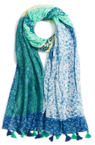 QIUTIMIY Schals für Damen Dünn Blumenmuster Bunte Schals und Tücher Halstuch mit Quasten für Frühling Sommerschal(Splicing-Blau Green)