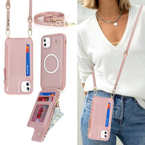 Zouzt for iPhone 12/12 Pro Case with Card Holder for MagSafe iPhone 12 Pro Crossbody Case iPhone 12 Strap Case Wallet Magnetic PU Leather Adjustable Necklace Phone Cover 6.1 Inch (Rose Gold)