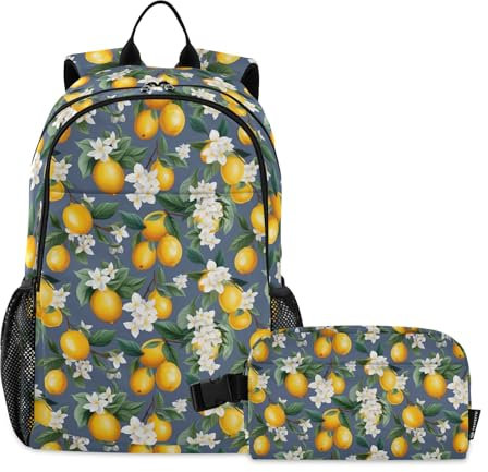 CHIFIGNO Fruits Lemon White Flowers - Juego de 2 mochilas escolares con lonchera