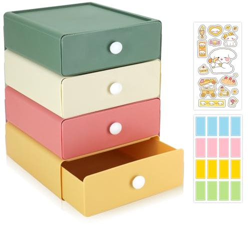 4 PCS Desktop Storage Boxes, Stackable Organiser with 4 Drawers, Plastic Desk Makeup Organizer With 2 Tabs, Small Office Storage for Stationery Supplies, Cosmetic, Dorm, Bathroom (4 Colors)