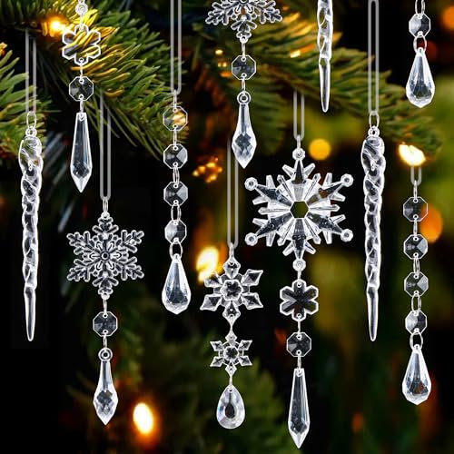 Sensong 20 Stück Acryl Eiszapfen Schneeflocken Weihnachtsbaum Ornament, Weihnachtsbaumschmuck EIS Tropfen Anhänger, Weihnachtsdekoration Klar Kristall, Weihnachten Hochzeit Party Dekoration