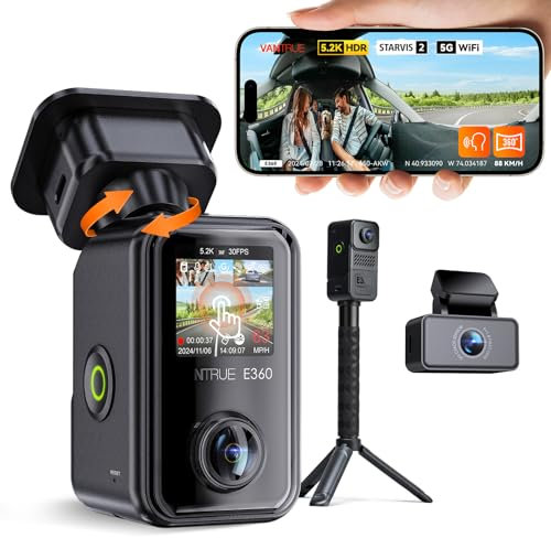 VANTRUE E360 ACE 5.2K Panorama+1440P Dashcam mit Dual STARVIS 2 HDR Nachtsicht, 3 Kanal 360° Dash Cam inkl. Tragehalterung zum Handheld, Sprachgesteuerte Auto Kamera, App, 1.54″ Touchscreen, Parkmodus