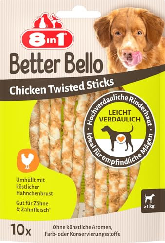 8in1 Better Bello Chicken Twisted Sticks - Bastoncini da masticare facilmente digeribili per cani con pollo, masticativi per cani con stomaco sensibile, sachetto da 60 g (10 pezzi)