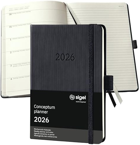 SIGEL C2615 Terminplaner Wochennotiz-Kalender 2026, ca. A6, schwarz, Hardcover, 176 Seiten, Gummiband, Stiftschlaufe, Archivtasche, aus nachhaltigem Papier, Kalenderbuch Conceptum