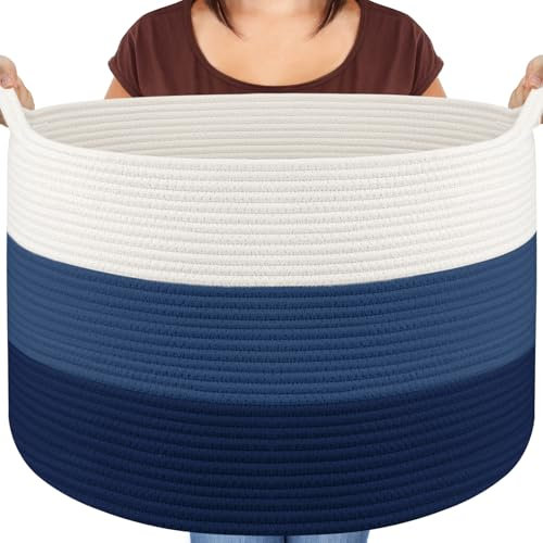 Maliton Aufbewahrungskorb für Wohnzimmer, Wäschekorb Geflochten aus Baumwollseil,Spielzeug Korb mit Griffen,Korb für Kuscheltiere,Wäsche,Decken,Kissen,Kleidung,50x33 cm,Weiß Blau