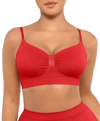 FeelinGirl Bras for Women Seamless Bra Comfort Bras Wire Free Plus Size Minimiser Bra Adjustable Straps Red