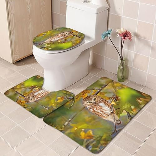 Bad Teppiche Set Blätter Gelb Eule Badezimmerteppich Waschbar WC Vorleger mit Ausschnitt und WC Deckelbezug 3 Teilig Badematte rutschfest Toilettensitzbezug Badgarnitur 45x75 cm