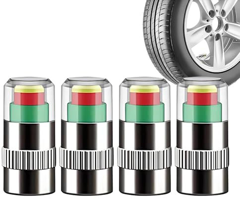 4 PCS Car Tire Tyre Pressure Monitor, Valve Stem Dust Caps,3 Color Safety Sensor Indicator, Tyre Valve Dust Cover Air Valve Cap for Cars Motorcycle Bikes (Plastic Core Tire Pressure Cap)