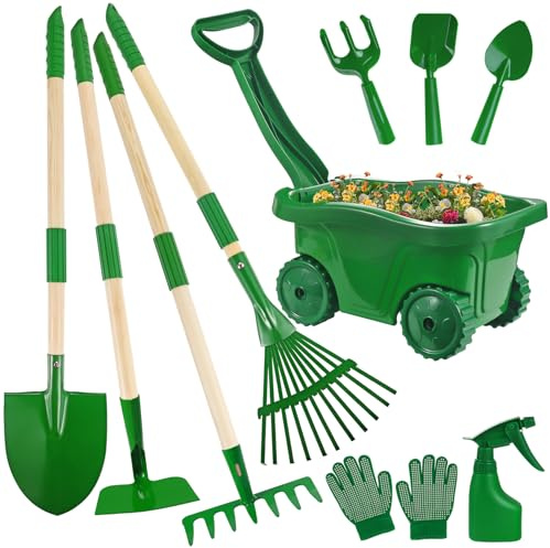 Duckura Kids Gardening Tools Set - 10pcs Wheelbarrow Set for Kids with Shovel, Rake, Leaf Rake, Summer Outdoor Yard Digging Weed Toys, Easter Birthday Gifts for Boys Girls Age 2 3+ Years(Green)