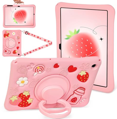 HaOaMoEo Case for Samsung Galaxy Tab A11+ Plus / A9+ Plus 11 Inch Cute Strawberry Women 3D Rotating Handle Stand & Shoulder Strap Soft Silicone for Samsung A11 Plus Tablet Case