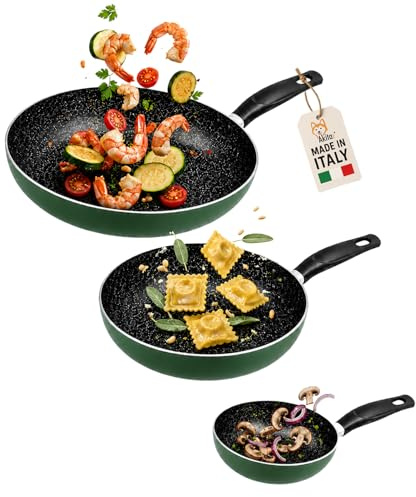 AKITAInk Set 3 Padelle Antiaderenti Natura 20–24–28 cm Verde – Padelle in Alluminio con Rivestimento Antiaderente, Cottura Uniforme e Facile Pulizia, PFOA FREE, Nickel Cadmium, Senza Nichel, Cadmio