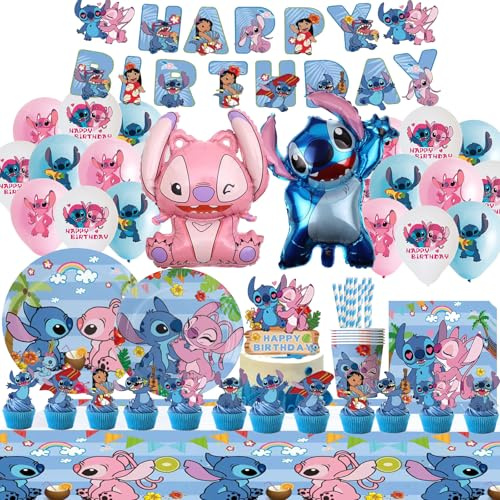 107 Stück Kinder Partygeschirr Set, Kindergeburtstag Deko Luftballons Geschirr Cartoons Teller Becher Geburtstag Deko Ballons Party Supplies Set