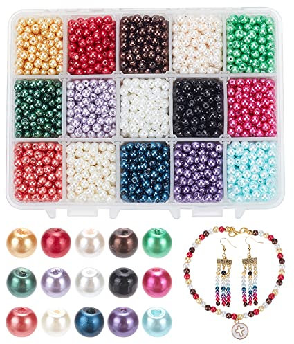 PH PandaHall 3600 Pcs 15 Couleurs Perle en Verre Perles Rondes Perles Nacrées Teint pour DIY Fabrication de Bijoux Collier Bracelet, 4mm, Trou: 0.8mm