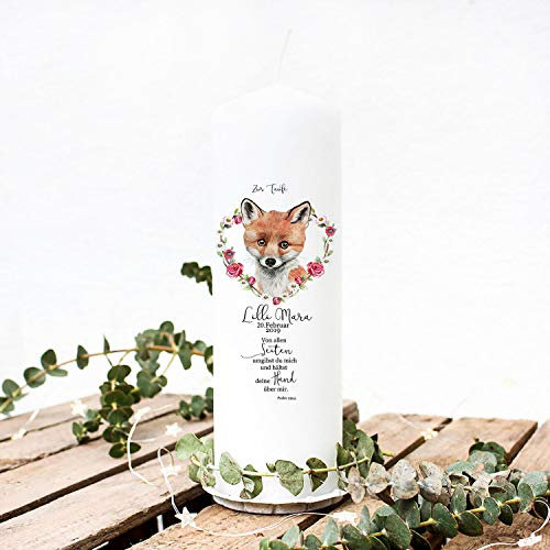 Taufkerze Kerze zur Taufe oder Geburt Kommunionkerze Fuchs Herzkranz mit Spruch Wunschname & Datum wk89 ilka parey wandtattoo-welt®
