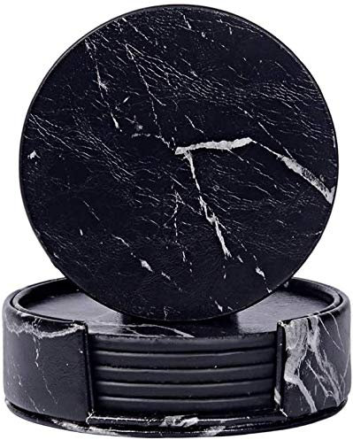 Dessous de Verre en Marbre pour Boissons Noir, Bprtcra 6 Pièces Dessous de Verres Cuir Dessous de Verres Ronde sous-Verres en Cuir de Marbre pour The Chaud Cafe Eau Froide (Black)