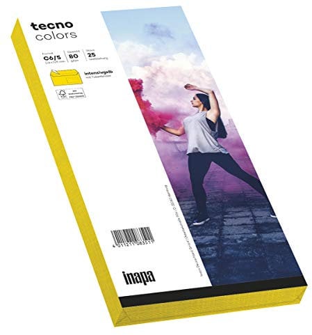 inapa Briefumschläge tecno Colors - DIN-C6/5 (114 x 229), 80 g, intensiv-gelb, haftklebend, mit Fenster, 25 Stück
