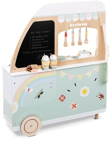 Beeloom Foodie Truck - Cocina Infantil de Madera Portátil con Accesorios, Cocina de Juguete para Niños, Diseño Exclusivo Verde y Rosa, Desde 3 Años