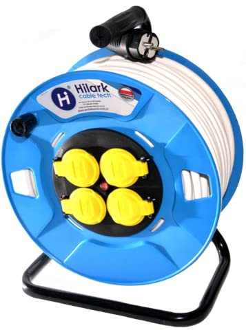 Hilark Enrouleur cable electrique 3 conducteurs section 2,5 mm2 H05VV-F 3g2,5 mm rallonge électrique avec bloc prises plastique tambour de cuble electrique 3x2,5 mm (50 mètre, Blanc)